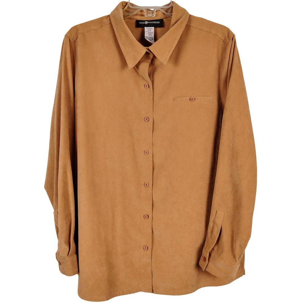 Sag Harbor Womens SZ 18 Faux Suede Button Down Shirt Camel Brown Minimalist